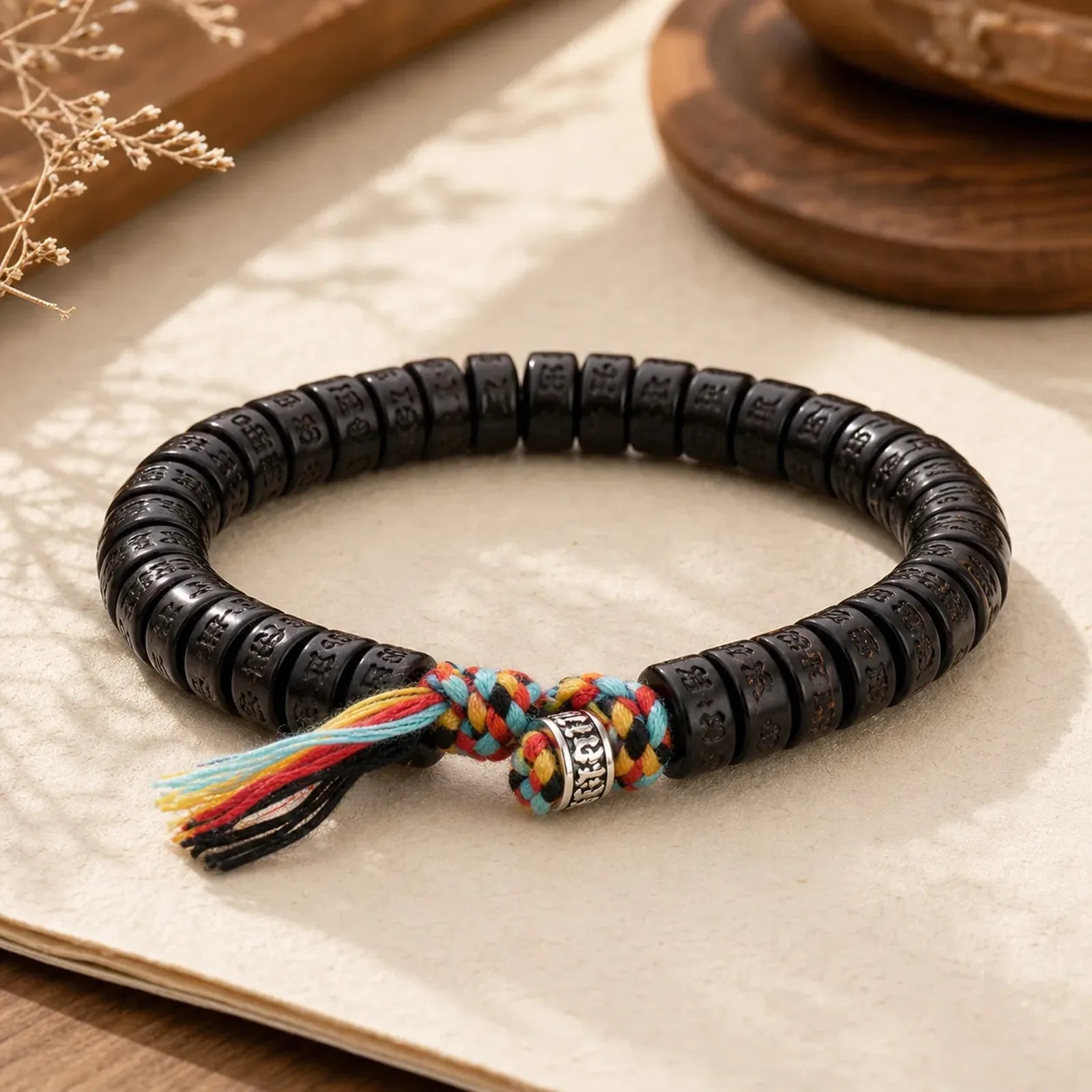 Tibetan Coconut Shell Beads Engraved Om Mani Padme Hum Mantra Happiness Bracelet featuring Coconut Shell, Om Mani Padme Hum, Om