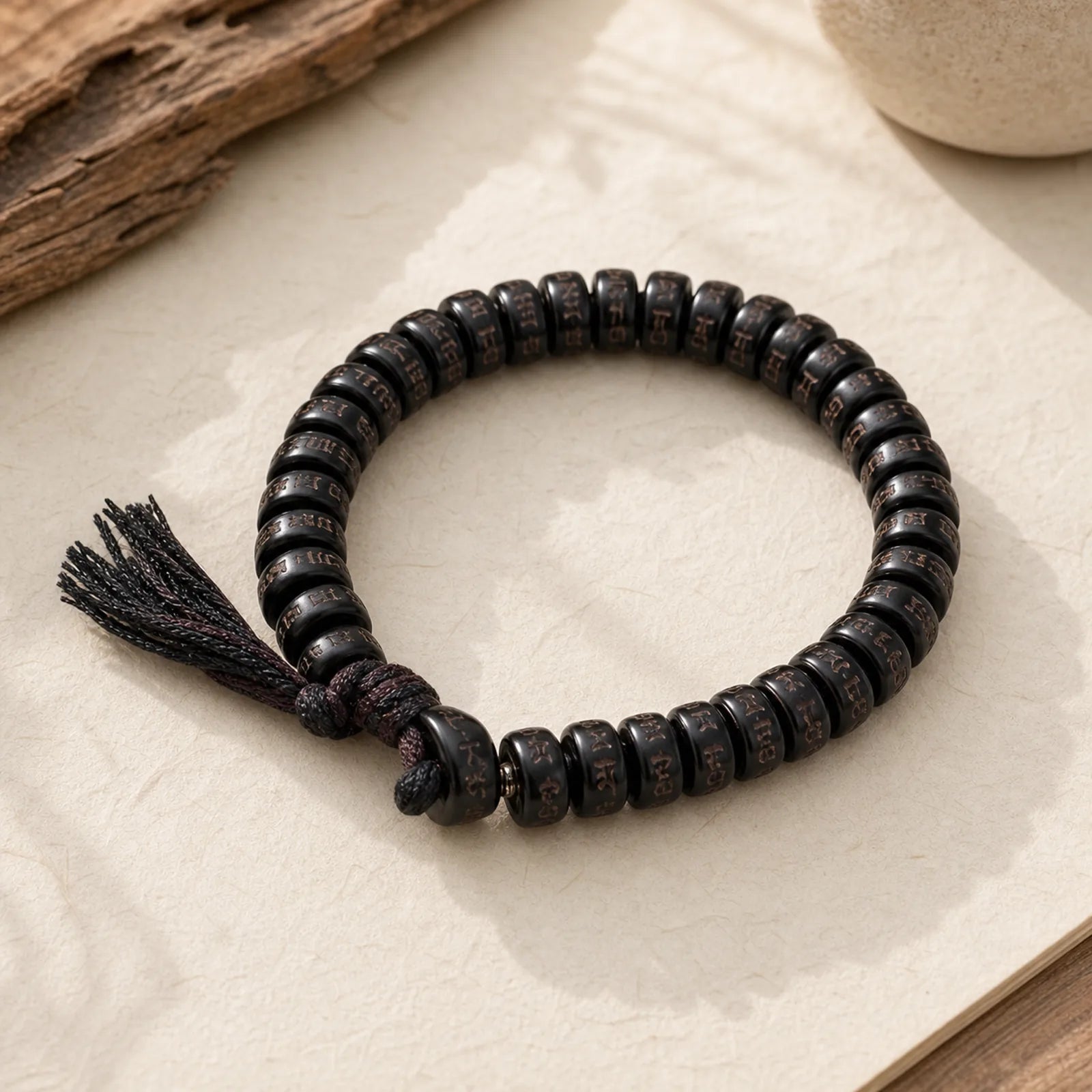 Tibetan Coconut Shell Beads Engraved Om Mani Padme Hum Mantra Positive String Bracelet featuring Coconut Shell, Om Mani Padme Hum, Om