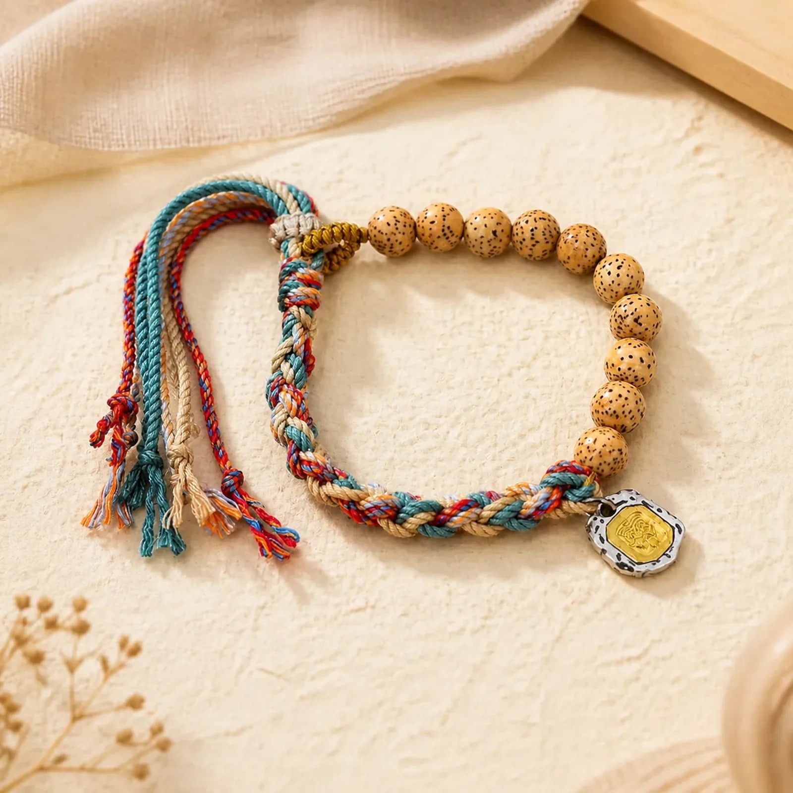 Tibetan Colored Rope Bodhi Seed Zakiram Goddess Of Wealth Adjustable Protection Bracelet featuring Bodhi Seed, Red String, Copper
