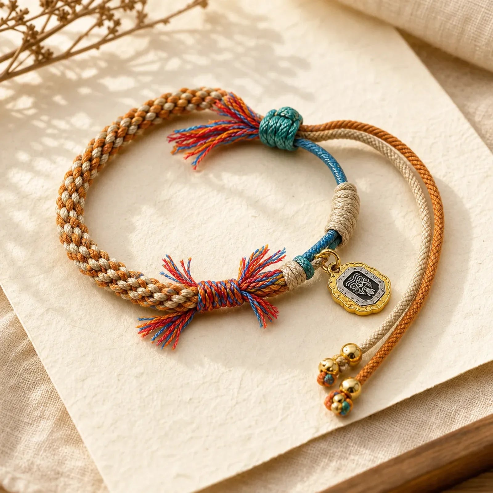 Tibetan Colored Rope Zakiram Goddess Of Wealth Adjustable Protection Bracelet featuring Copper