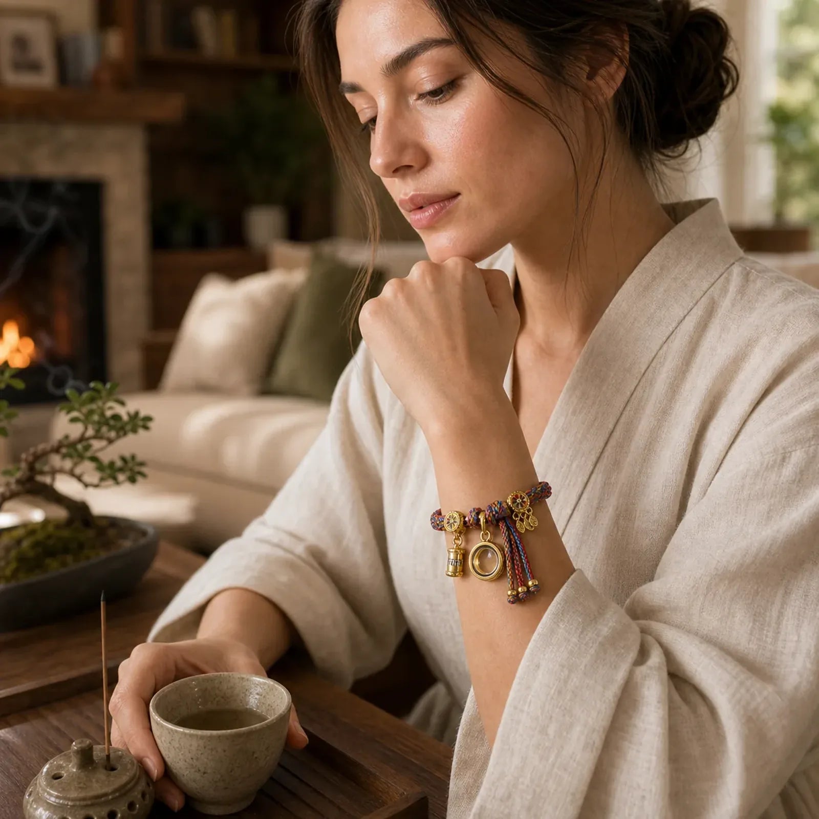 Tibetan Colored Rope Zakiram Goddess Of Wealth Adjustable Protection Bracelet featuring Copper