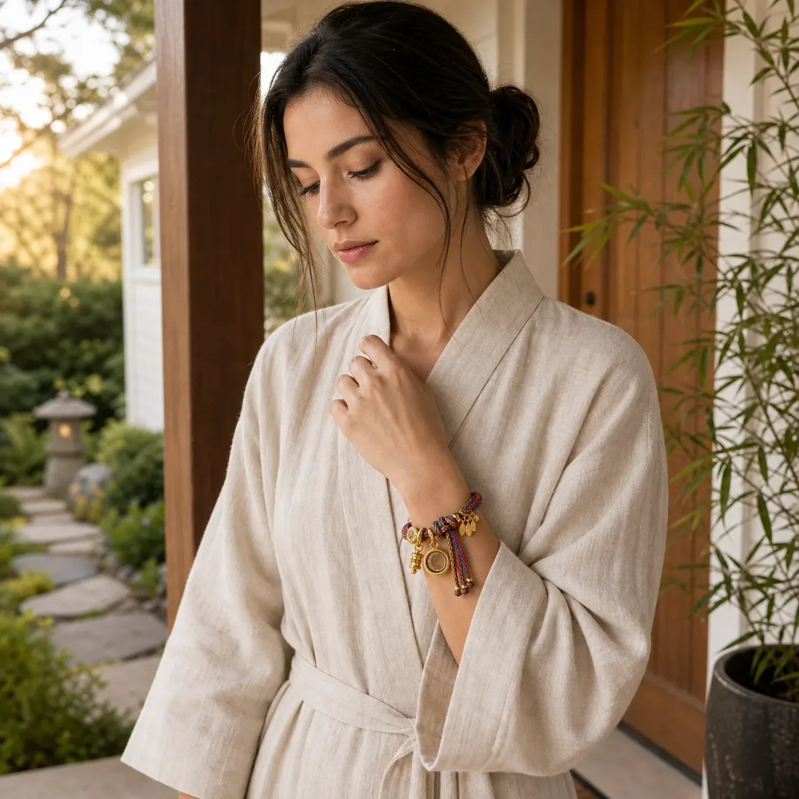 Tibetan Colored Rope Zakiram Goddess Of Wealth Adjustable Protection Bracelet featuring Copper