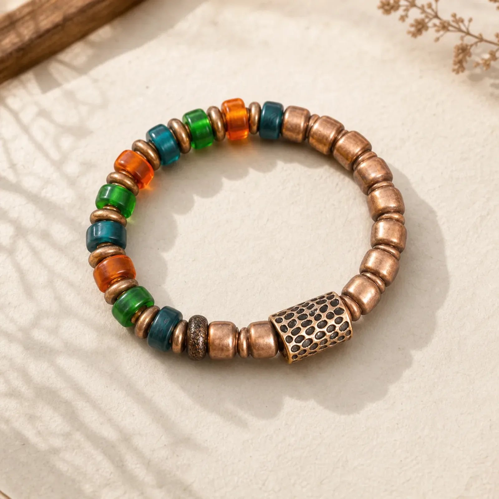 Tibetan Colorful Glass Beads Copper Wealth Bracelet featuring Copper