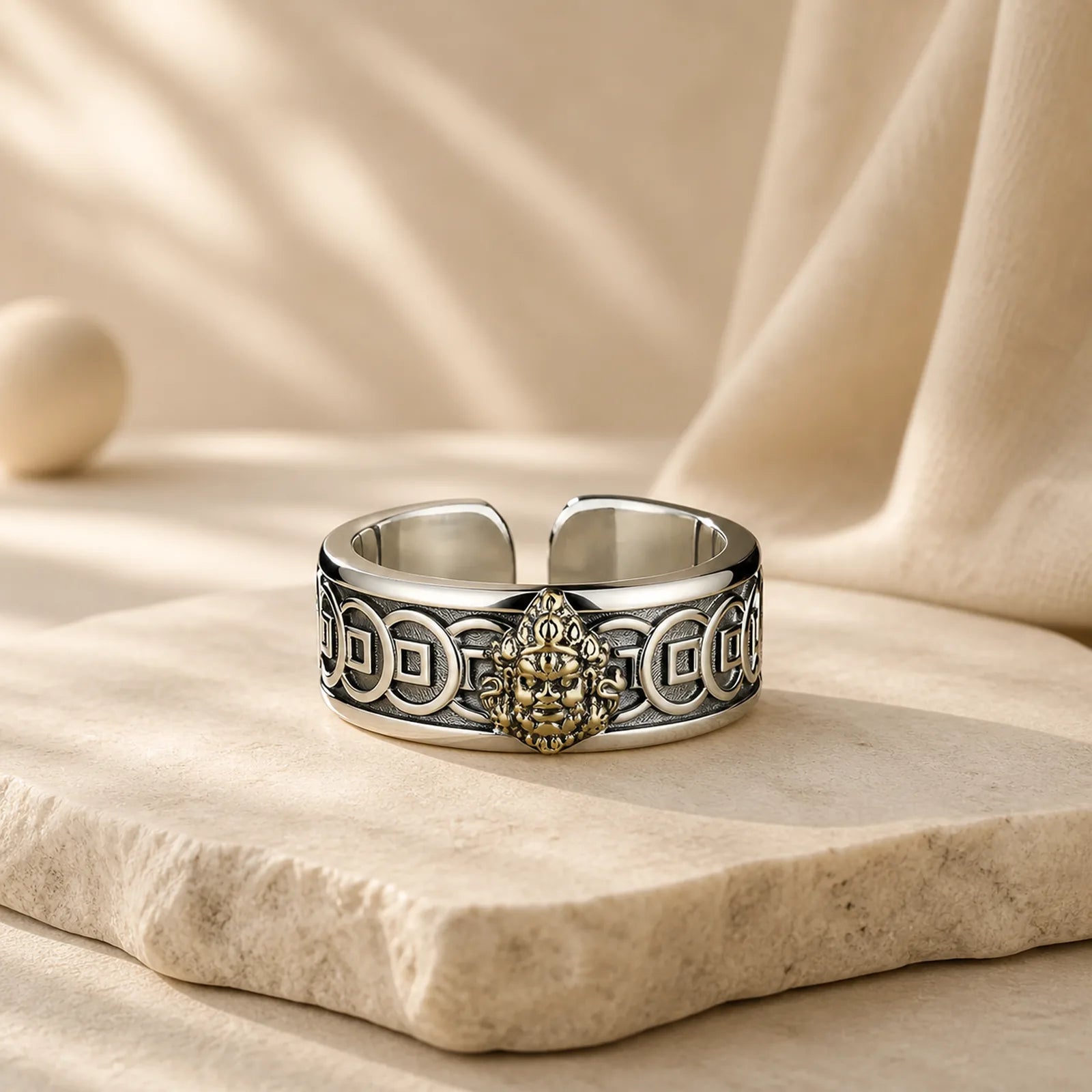 Tibetan Copper Plated With Silver Yellow Jambhala Protection Adjustable Ring featuring Copper, Silver, Yellow Jambhala