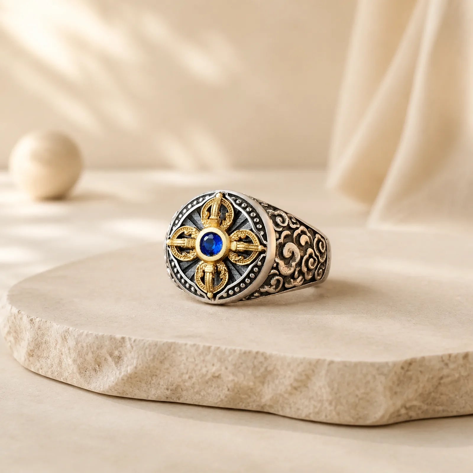 Tibetan Cross Design Vajra Auspicious Clouds Pattern Copper Adjustable Balance Ring featuring Vajra, Copper