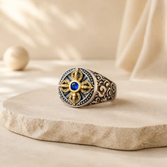 Tibetan Cross Design Vajra Auspicious Clouds Pattern Copper Adjustable Balance Ring featuring Vajra, Copper