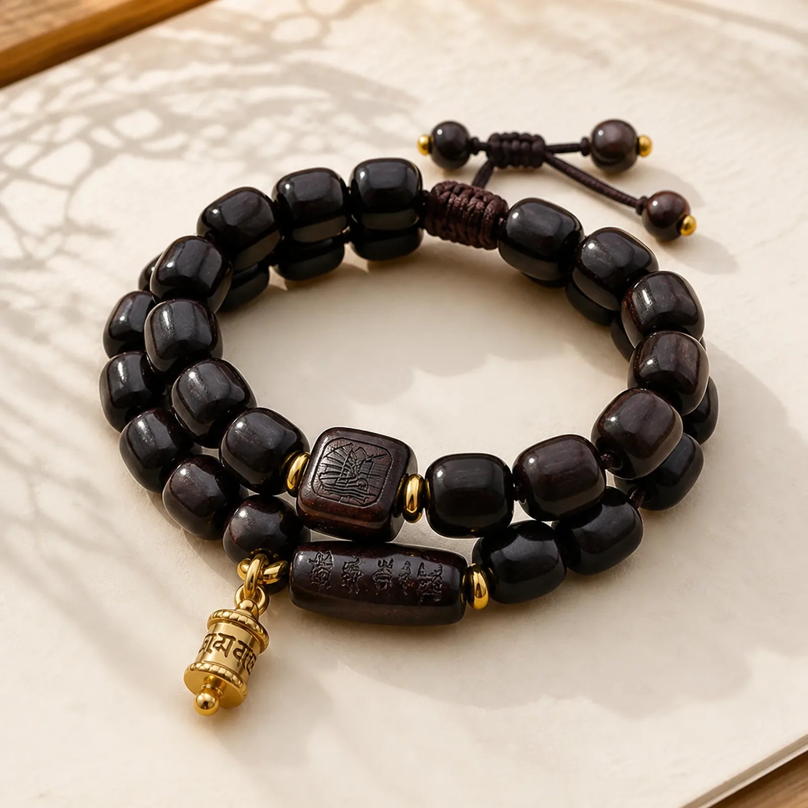 Tibetan Ebony Wood Barrel Beads Lucky And Treasure Balance Bracelet featuring Ebony Wood, Ebony, Copper