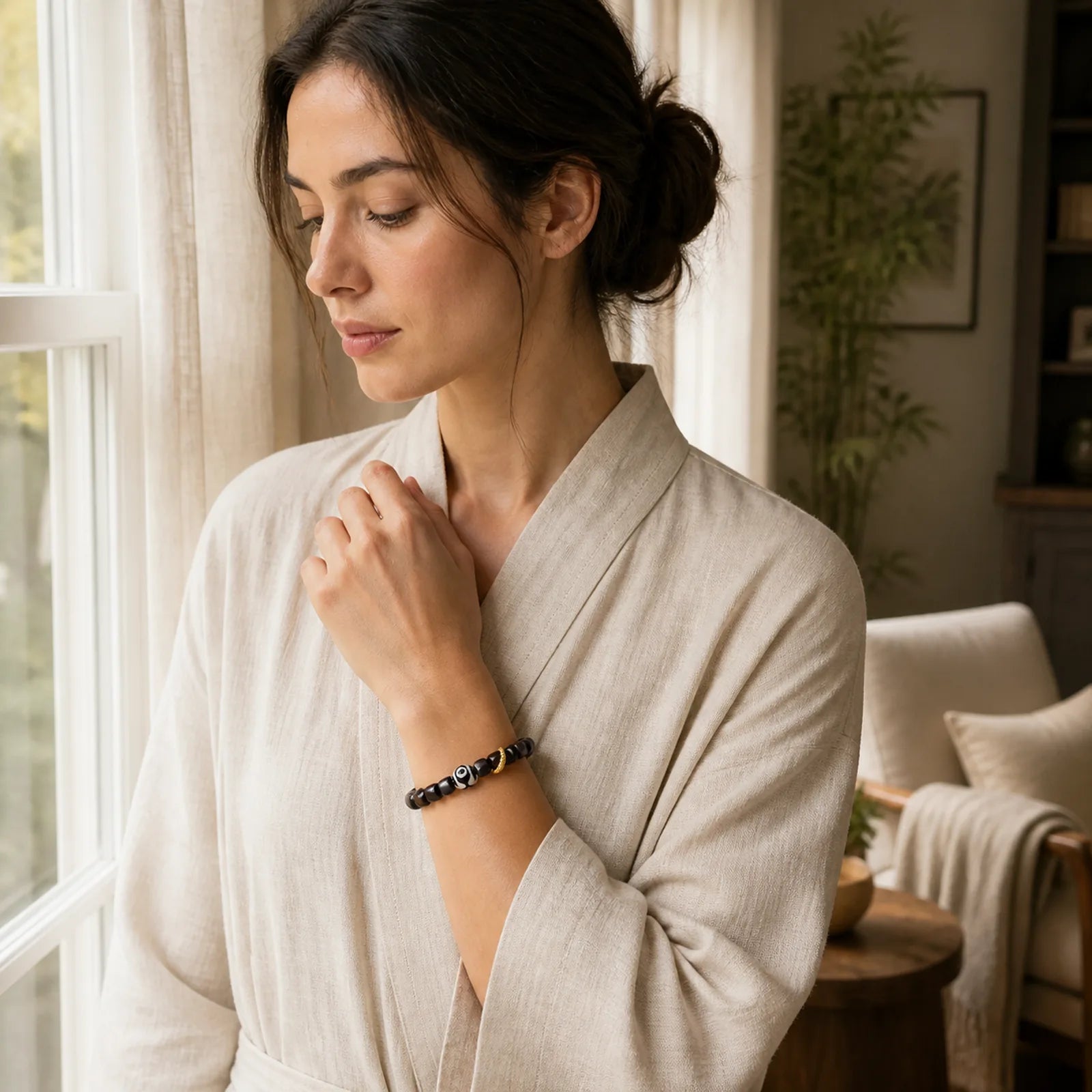 Tibetan Ebony Wood Dzi Bead Balance Calm Bracelet featuring Ebony Wood, Ebony, Dzi Bead