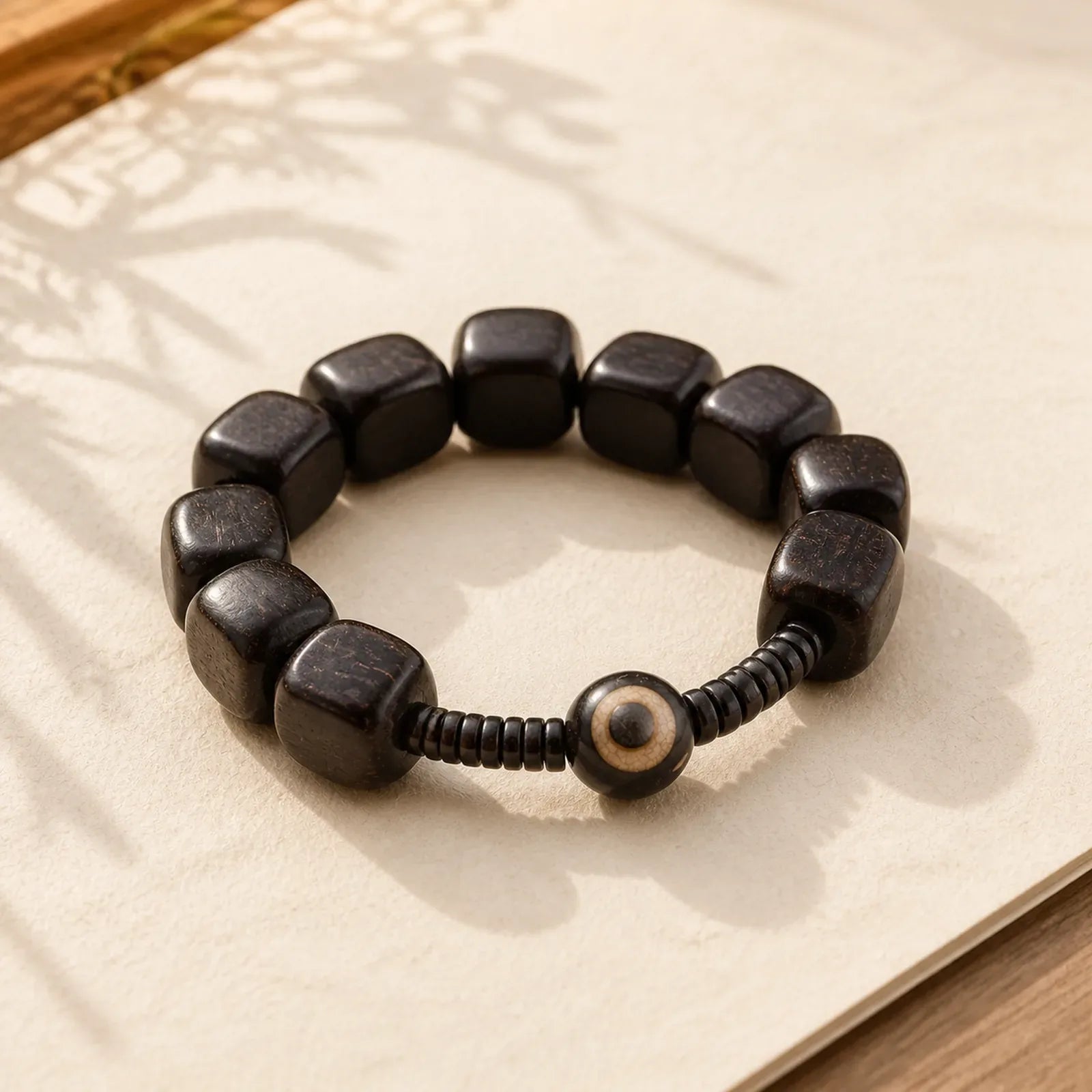 Tibetan Ebony Wood Dzi Bead Strength Bracelet featuring Ebony Wood, Ebony, Dzi Bead