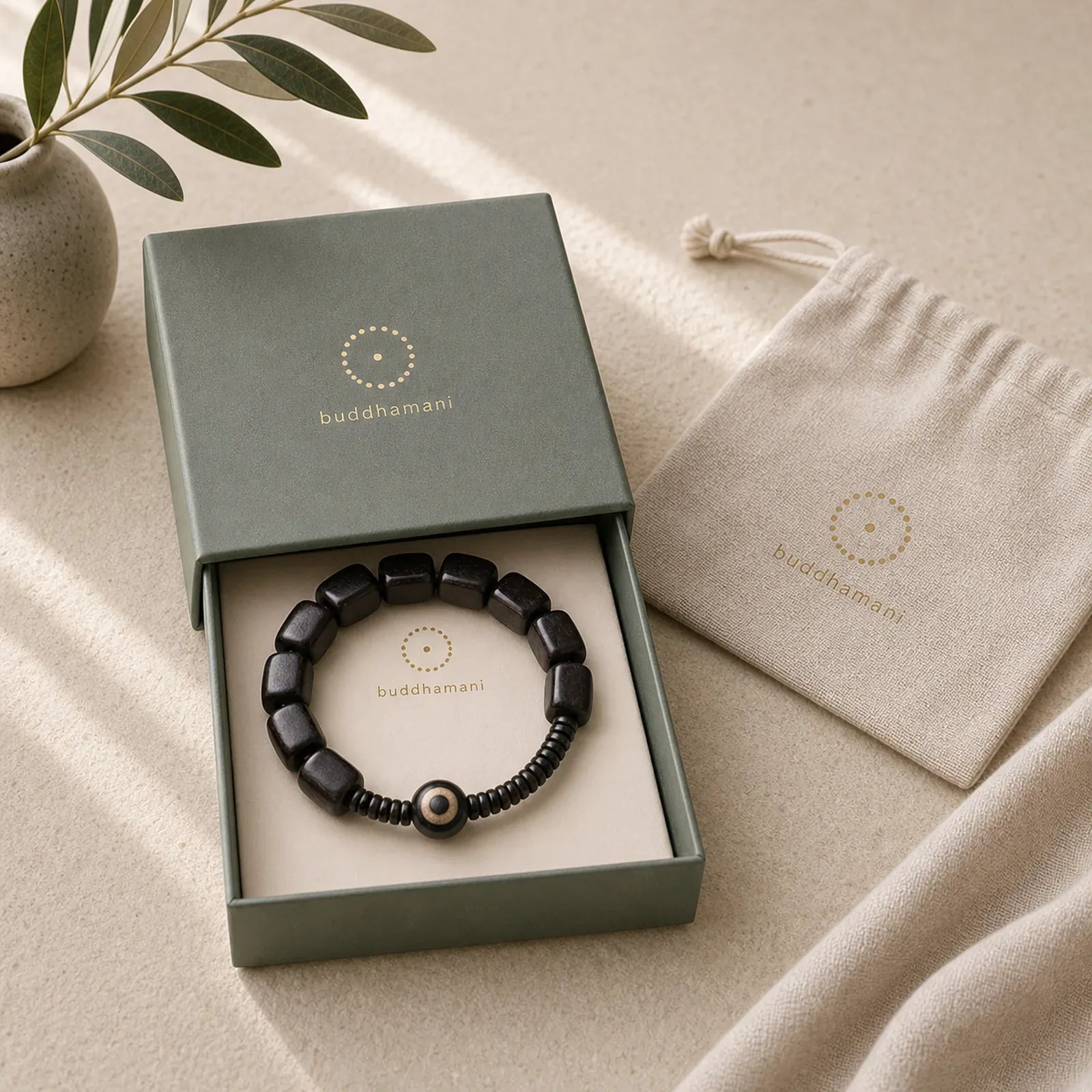 Tibetan Ebony Wood Dzi Bead Strength Bracelet featuring Ebony Wood, Ebony, Dzi Bead