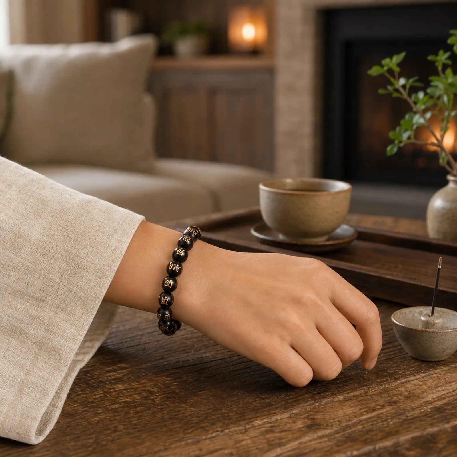 Tibetan Ebony Wood Om Mani Padme Hum Engraved Peace Bracelet featuring Ebony Wood, Ebony, Om Mani Padme Hum
