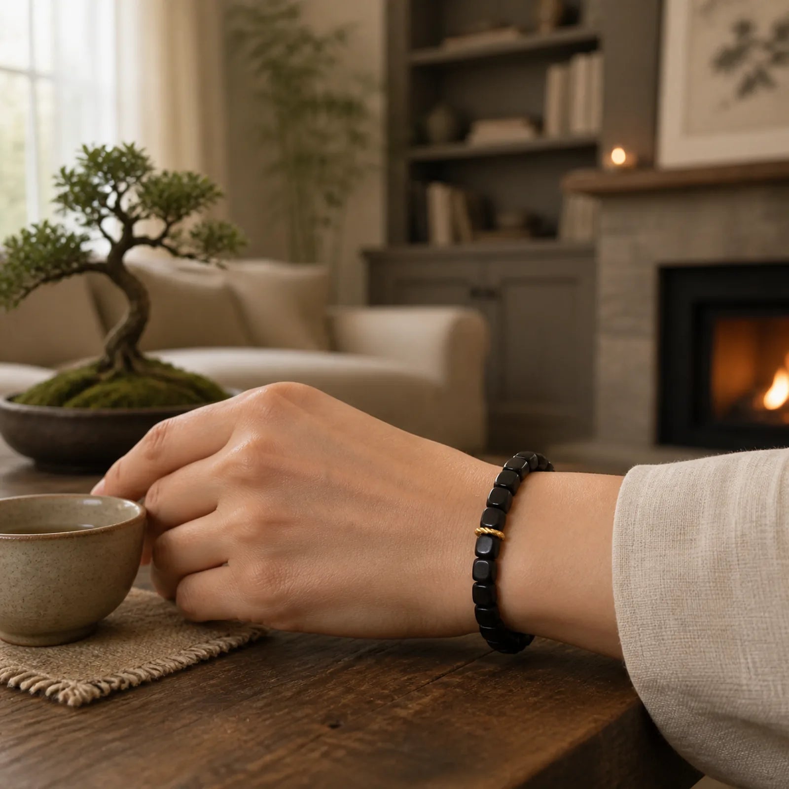 Tibetan Ebony Wood Square Beads Peace Calm Bracelet featuring Ebony Wood, Ebony, Copper