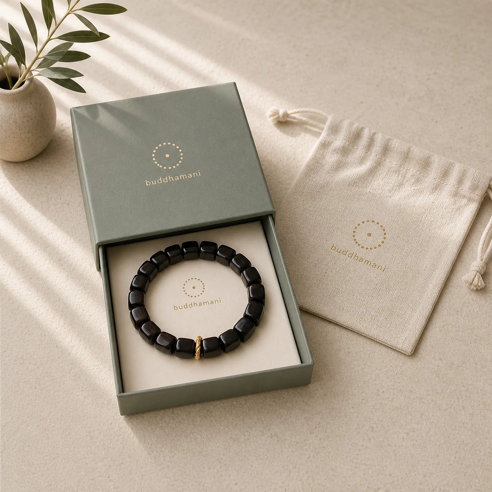 Tibetan Ebony Wood Square Beads Peace Calm Bracelet featuring Ebony Wood, Ebony, Copper
