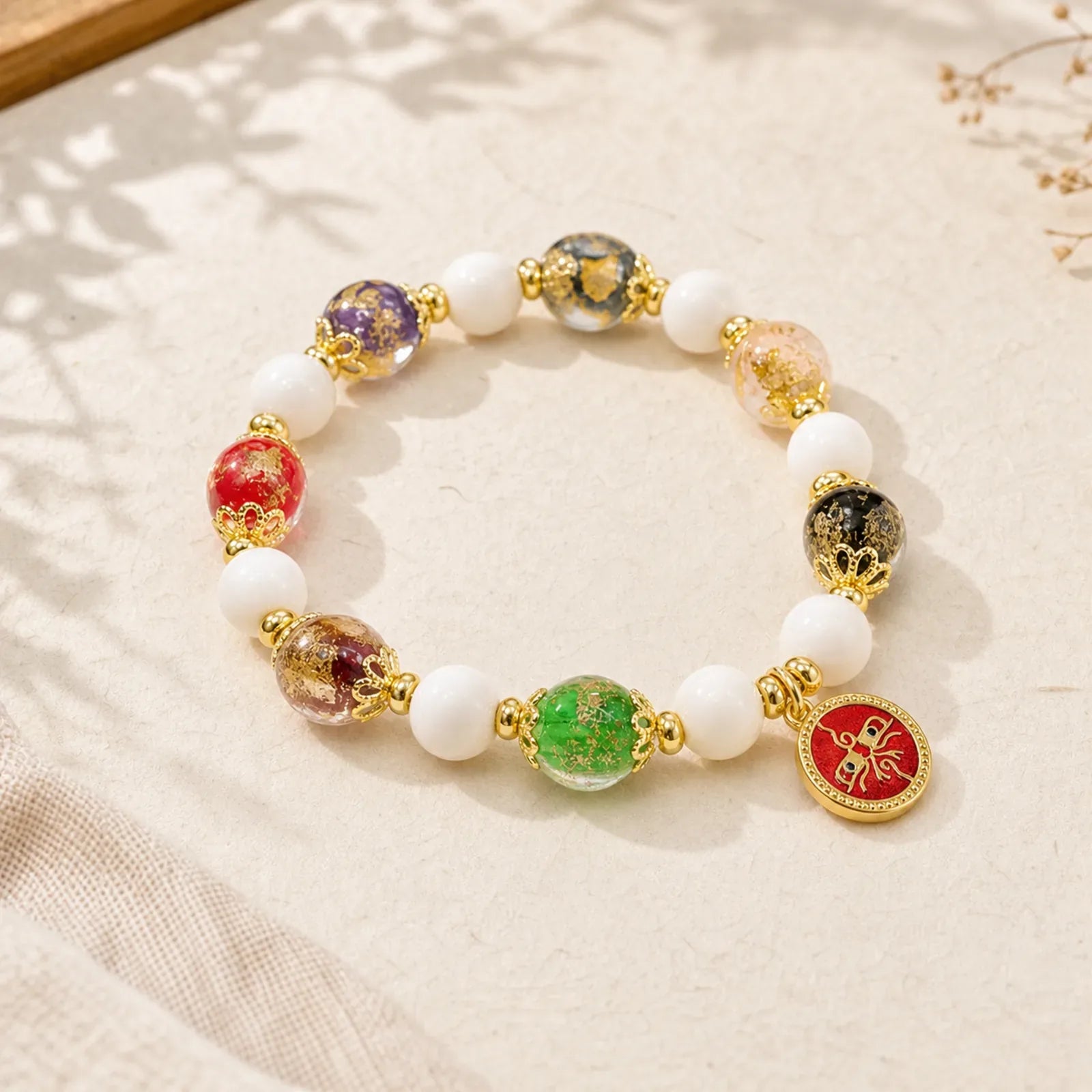 Tibetan Five God Of Wealth Fortune Liuli Glass Bead Incense Ash Porcelain Bead Charm Bracelet featuring Five Elements