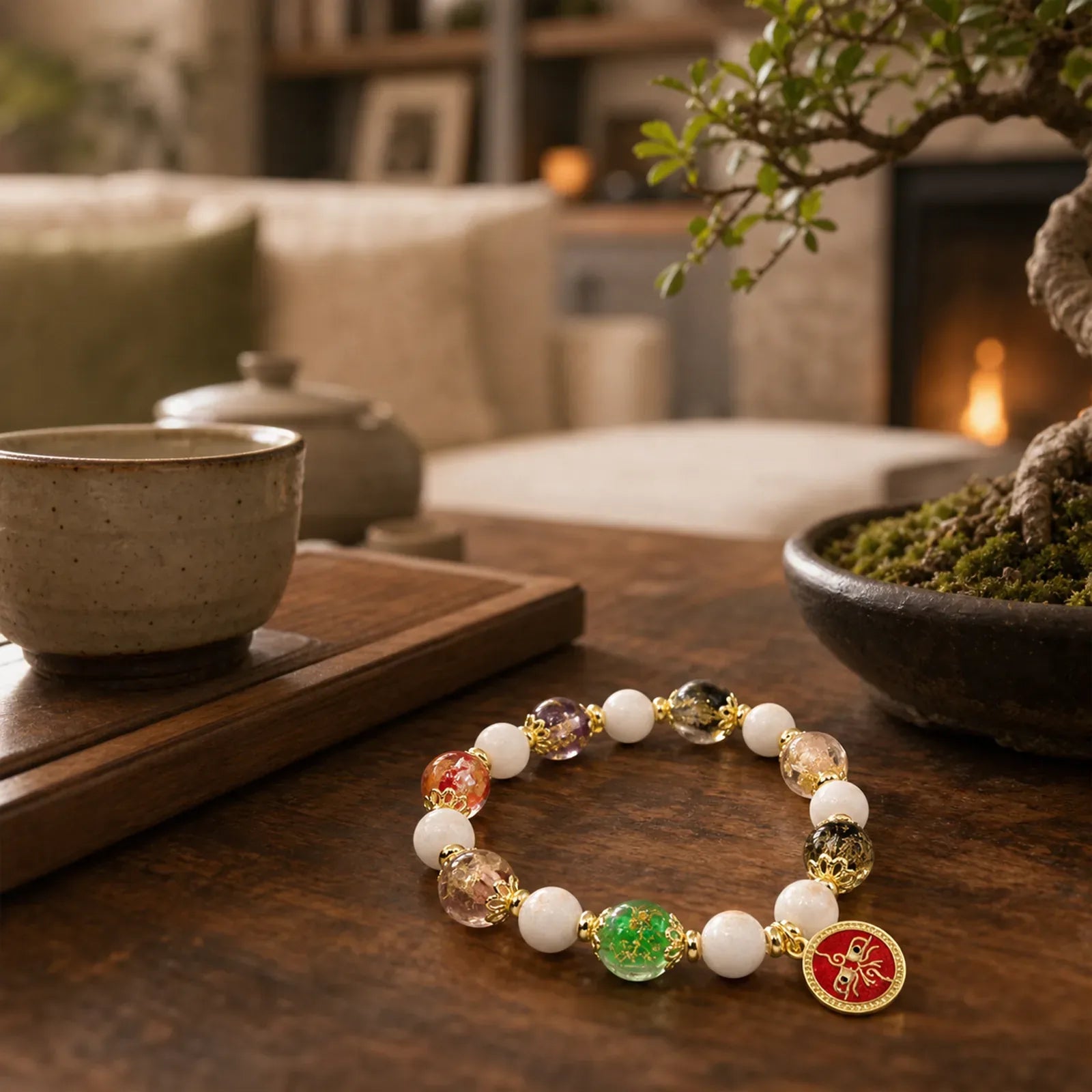 Tibetan Five God Of Wealth Fortune Liuli Glass Bead Incense Ash Porcelain Bead Charm Bracelet featuring Five Elements