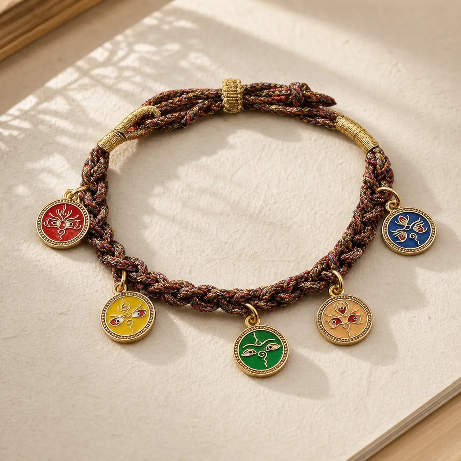 Tibetan Five God Of Wealth Thangka Luck Braid String Bracelet featuring