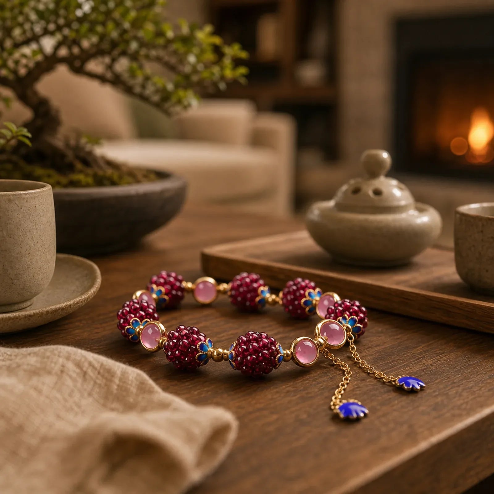 Tibetan Garnet Calm Bracelet featuring Garnet, Amethyst