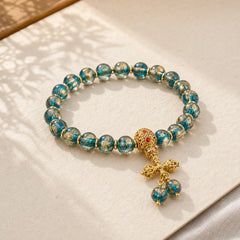 Tibetan Gold Swallowing Beast Family Dorje Vajra Strength Bead Bracelet featuring Vajra, Turquoise