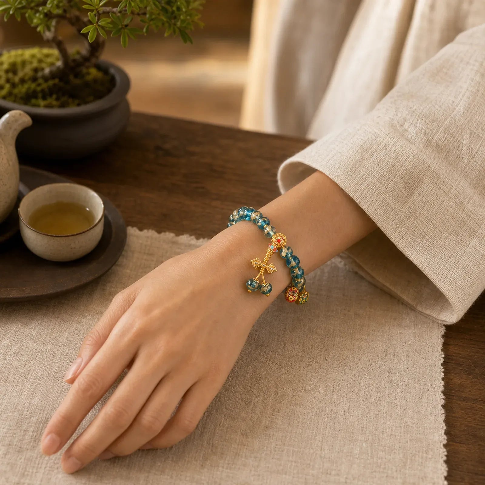 Tibetan Gold Swallowing Beast Family Dorje Vajra Strength Bead Bracelet featuring Vajra, Turquoise