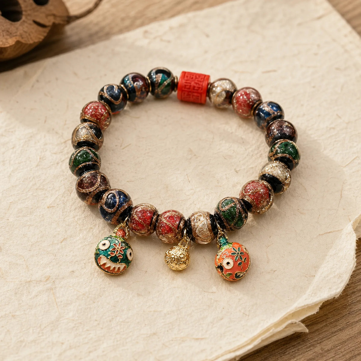Tibetan Gold Swallowing Beast Family Five God Of Wealth Thangka Fortune Bead Bracelet featuring Cinnabar, Copper