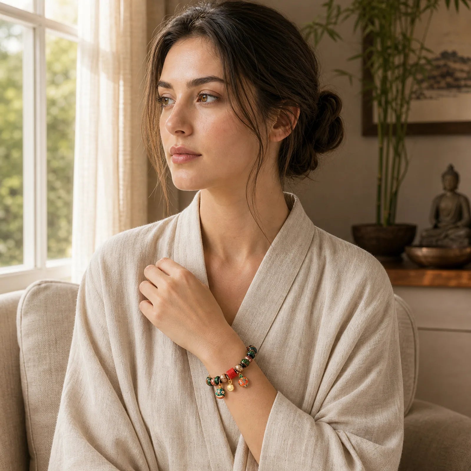 Tibetan Gold Swallowing Beast Family Five God Of Wealth Thangka Fortune Bead Bracelet featuring Cinnabar, Copper