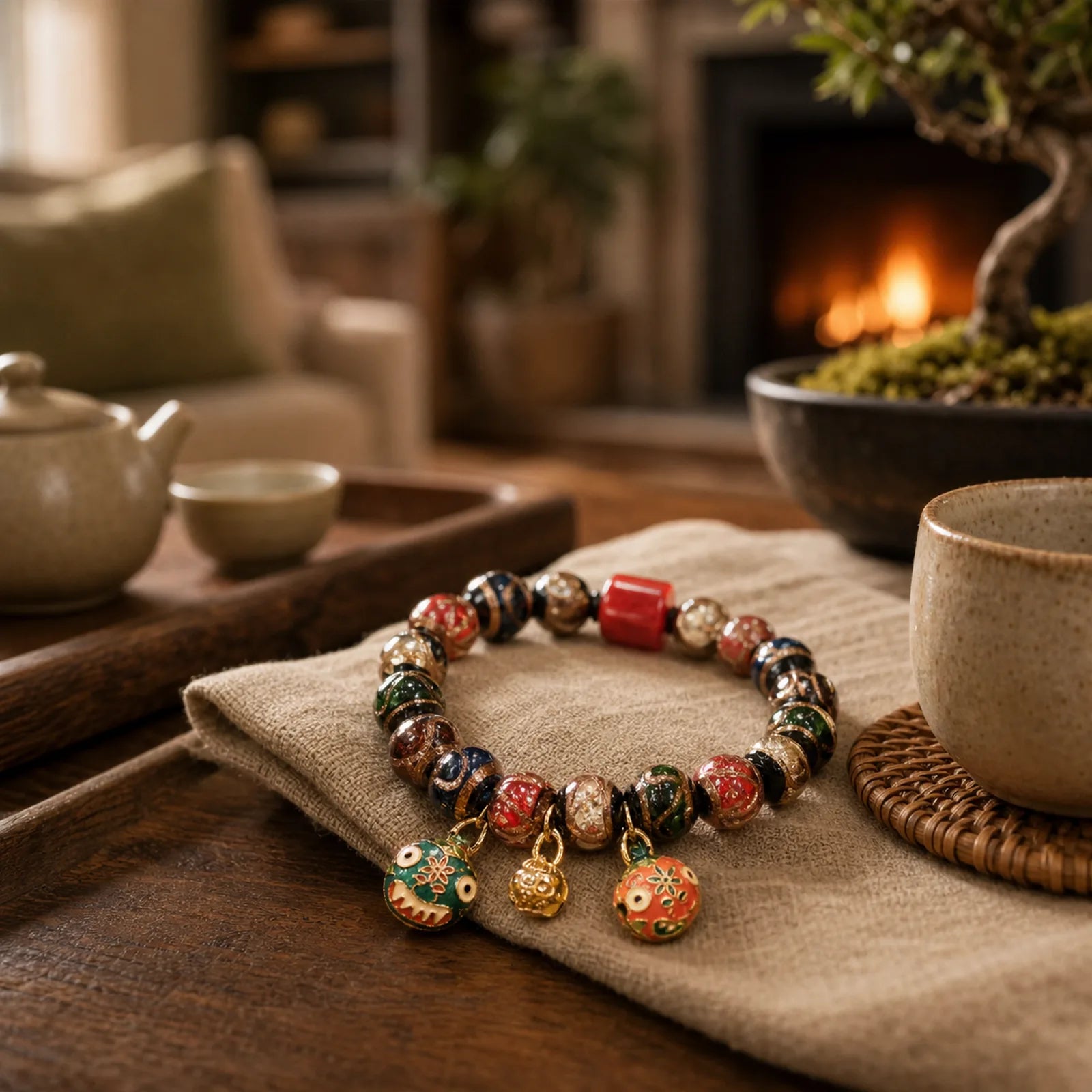 Tibetan Gold Swallowing Beast Family Five God Of Wealth Thangka Fortune Bead Bracelet featuring Cinnabar, Copper