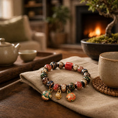 Tibetan Gold Swallowing Beast Family Five God Of Wealth Thangka Fortune Bead Bracelet featuring Cinnabar, Copper