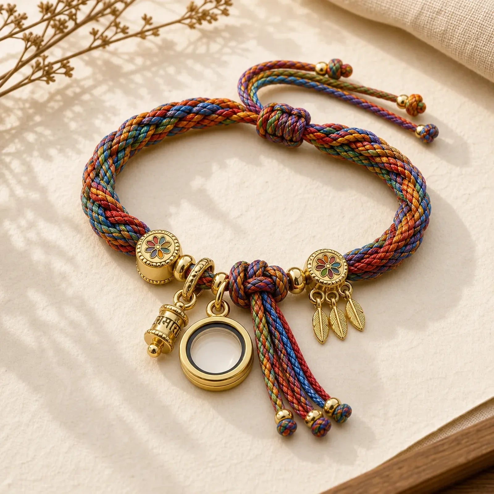 Tibetan Gold Thread Colorful Peach Blossom Knot Connection Braided Bracelet featuring Red String
