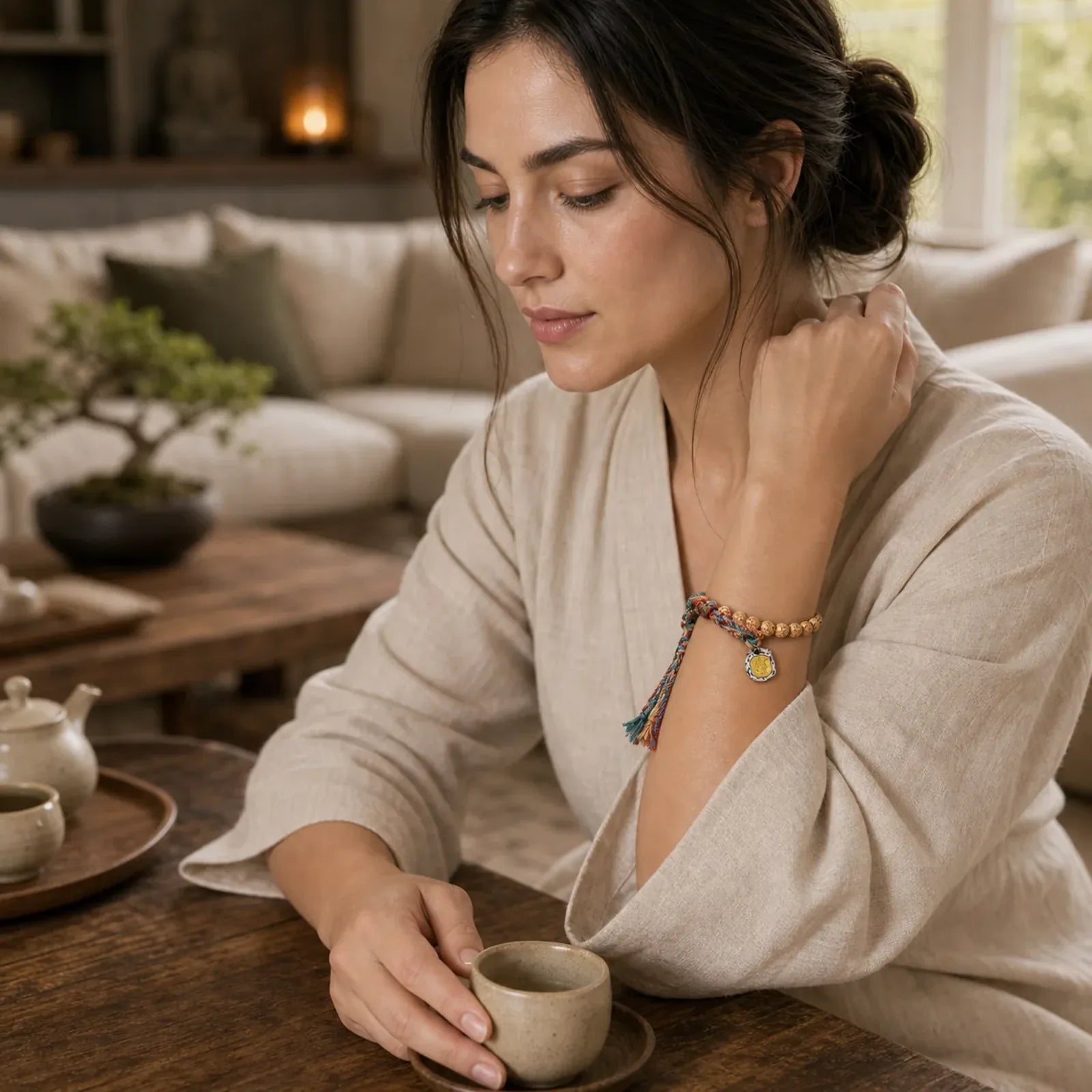 Tibetan Gold Thread Colorful Peach Blossom Knot Connection Braided Bracelet featuring Red String