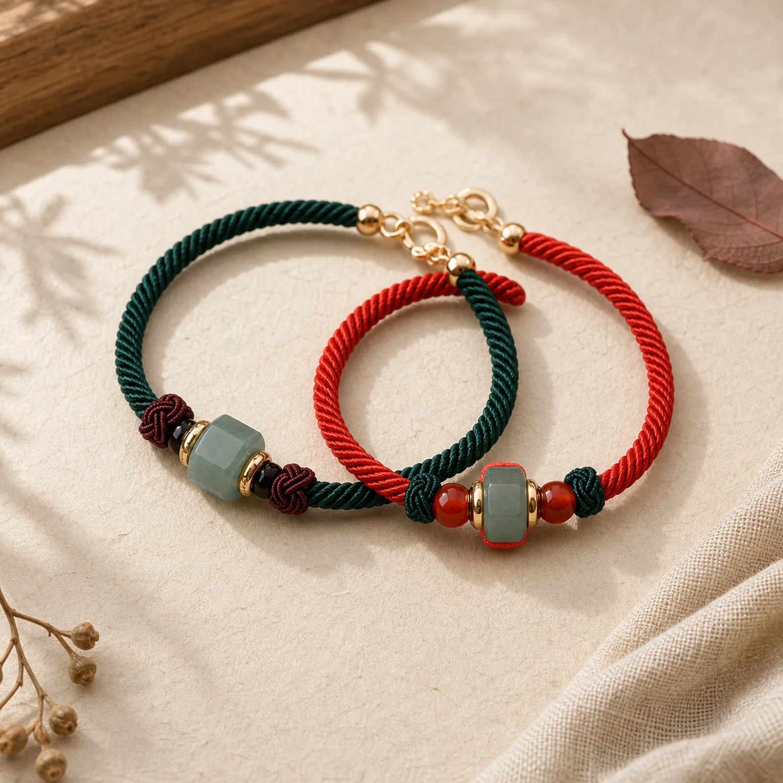 Tibetan Green Aventurine Luck Braid String Bracelet featuring Green Aventurine, Red String, Red Agate