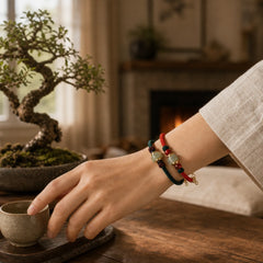 Tibetan Green Aventurine Luck Braid String Bracelet featuring Green Aventurine, Red String, Red Agate