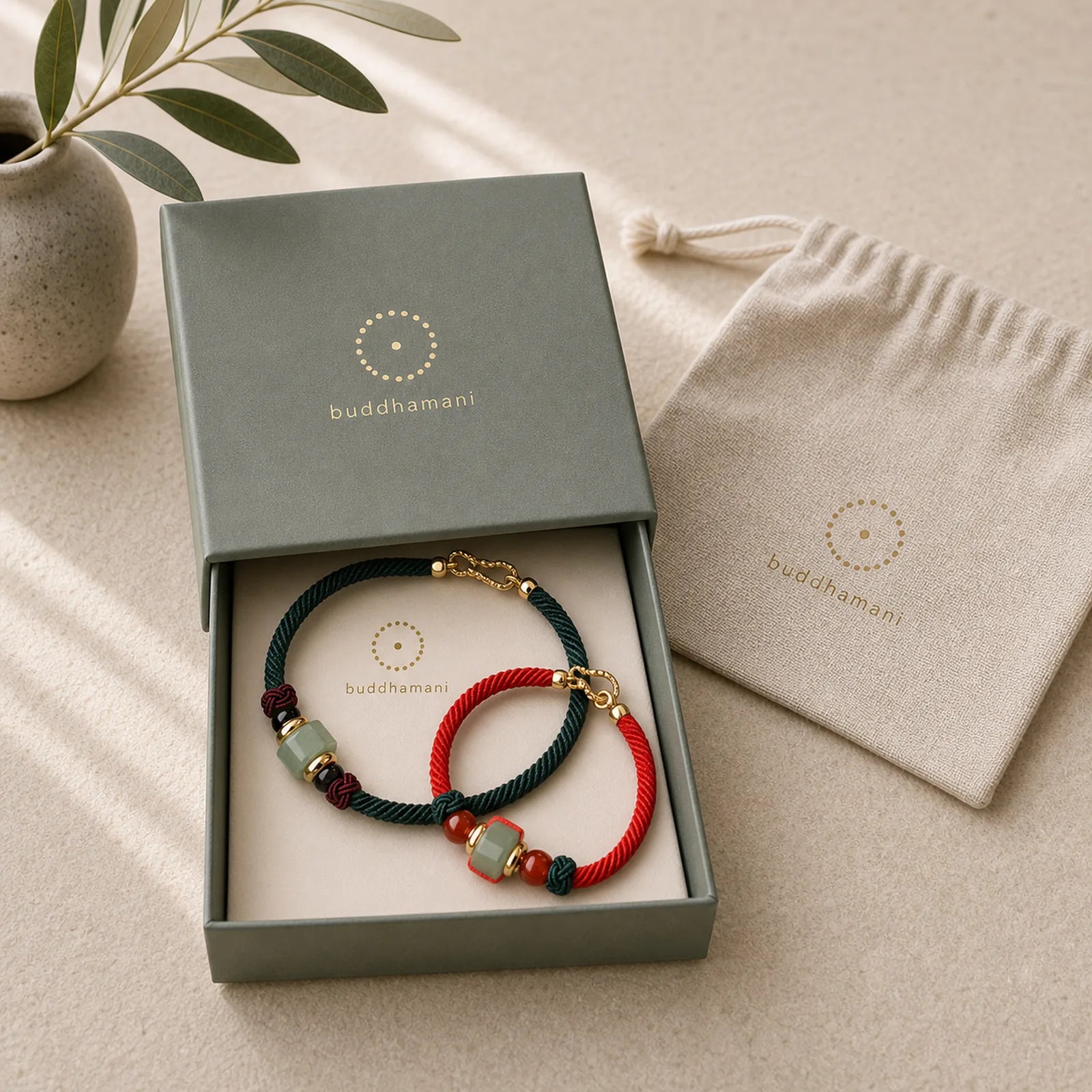 Tibetan Green Aventurine Luck Braid String Bracelet featuring Green Aventurine, Red String, Red Agate