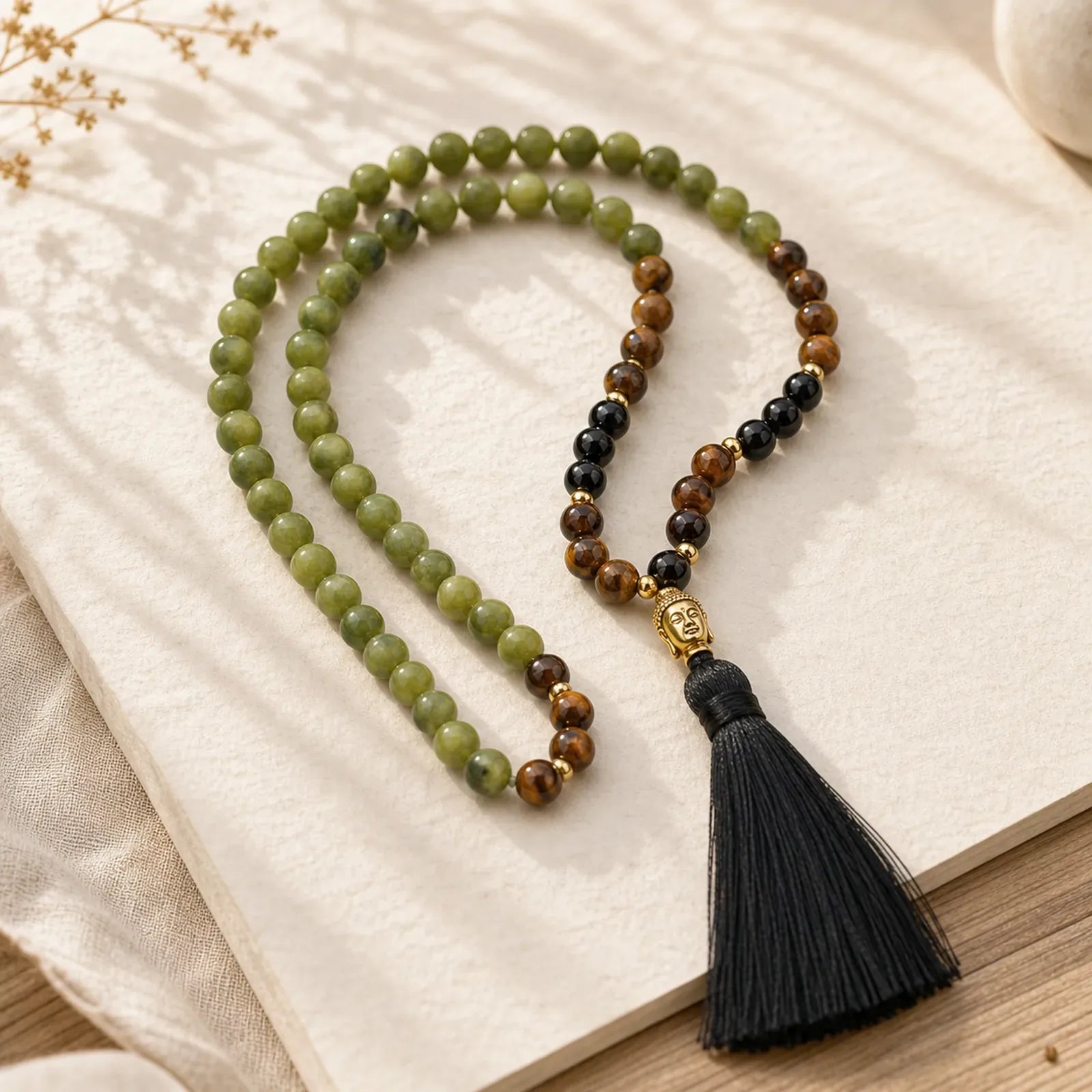Tibetan Green Jasper Protection Mala Bracelet featuring Green Jasper, Black Onyx, Copper