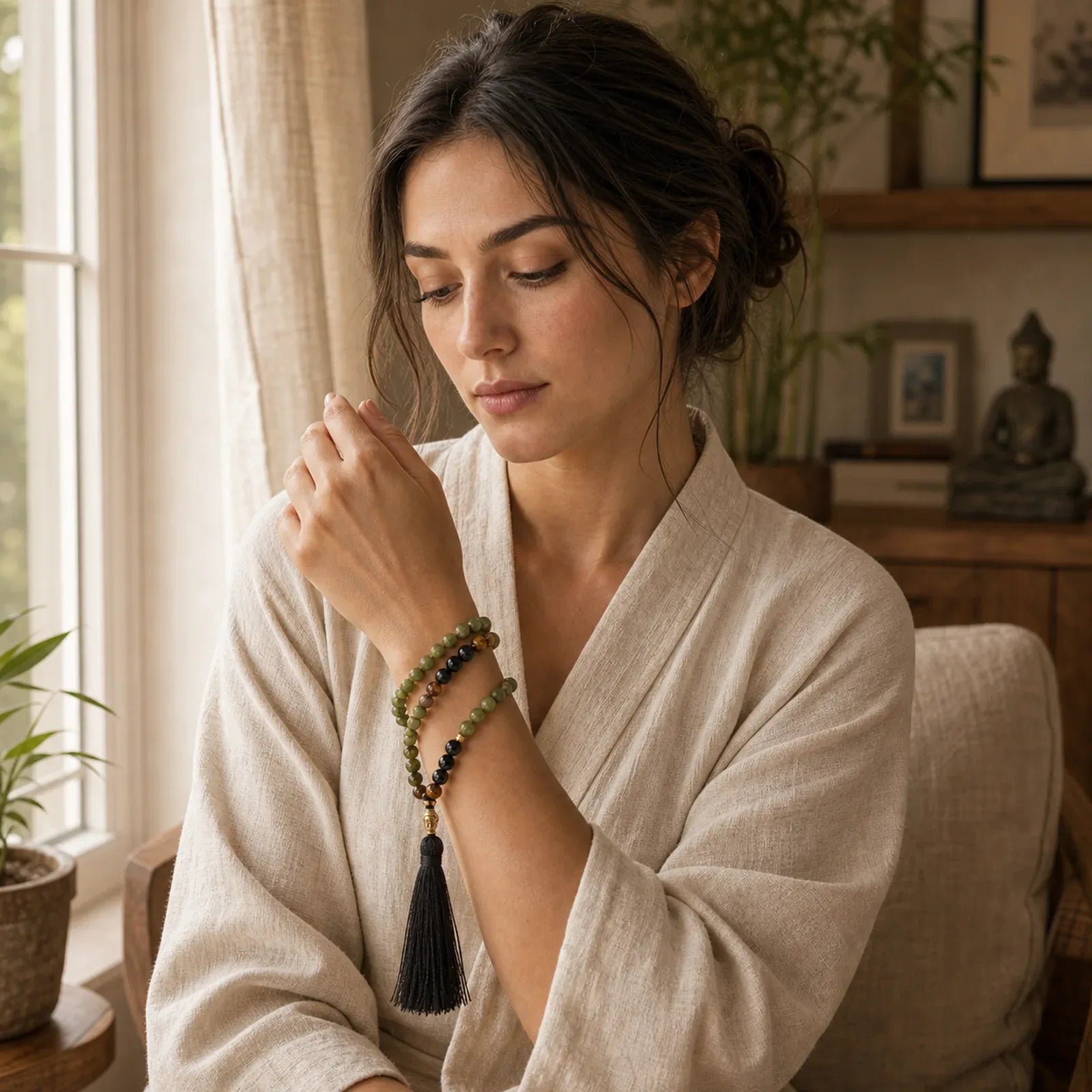 Tibetan Green Jasper Protection Mala Bracelet featuring Green Jasper, Black Onyx, Copper
