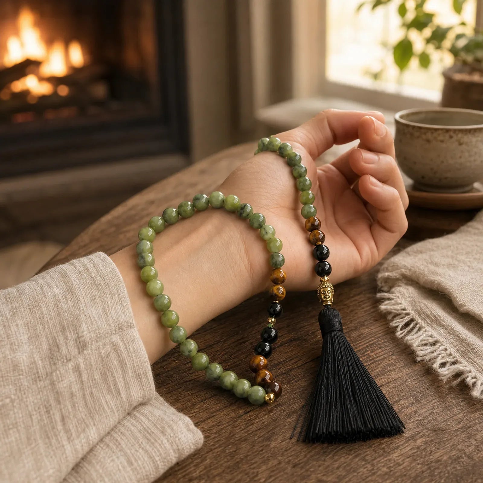 Tibetan Green Jasper Protection Mala Bracelet featuring Green Jasper, Black Onyx, Copper