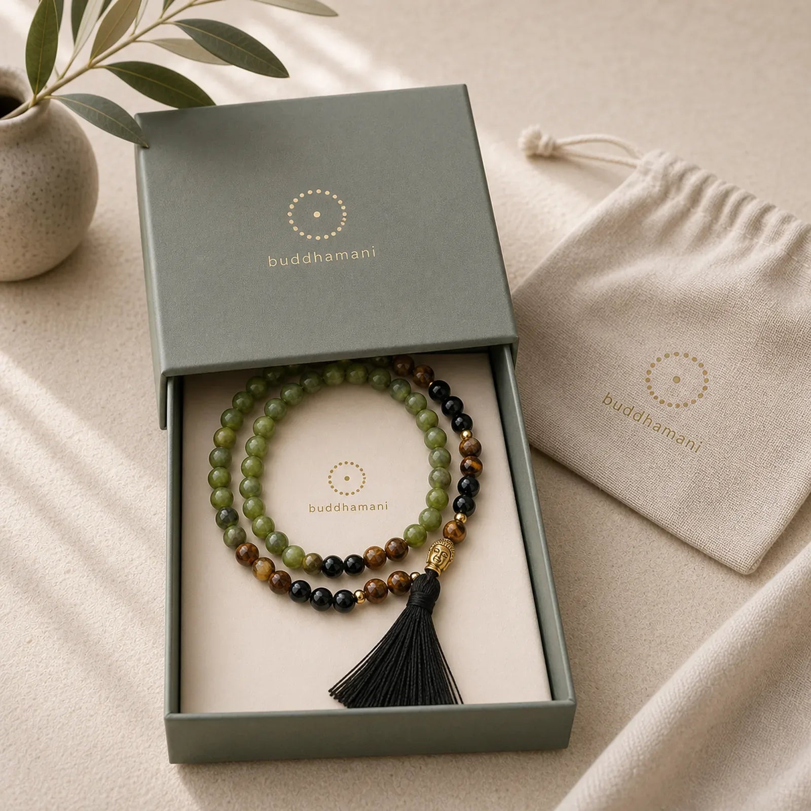 Tibetan Green Jasper Protection Mala Bracelet featuring Green Jasper, Black Onyx, Copper