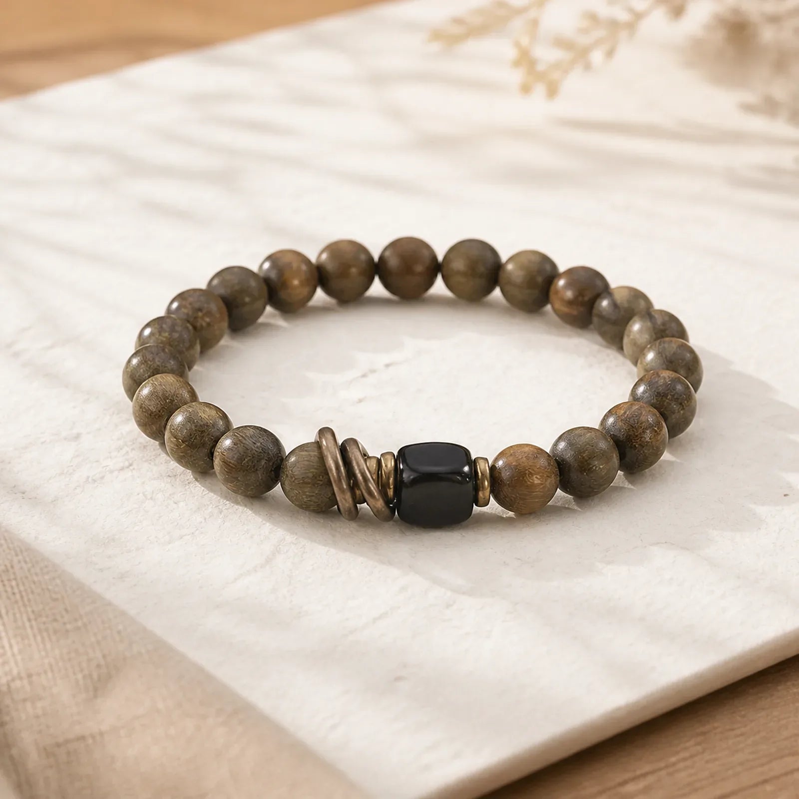 Tibetan Green Sandalwood Crystal Soothing Peace Bracelet featuring Green Sandalwood, Sandalwood, Black Obsidian