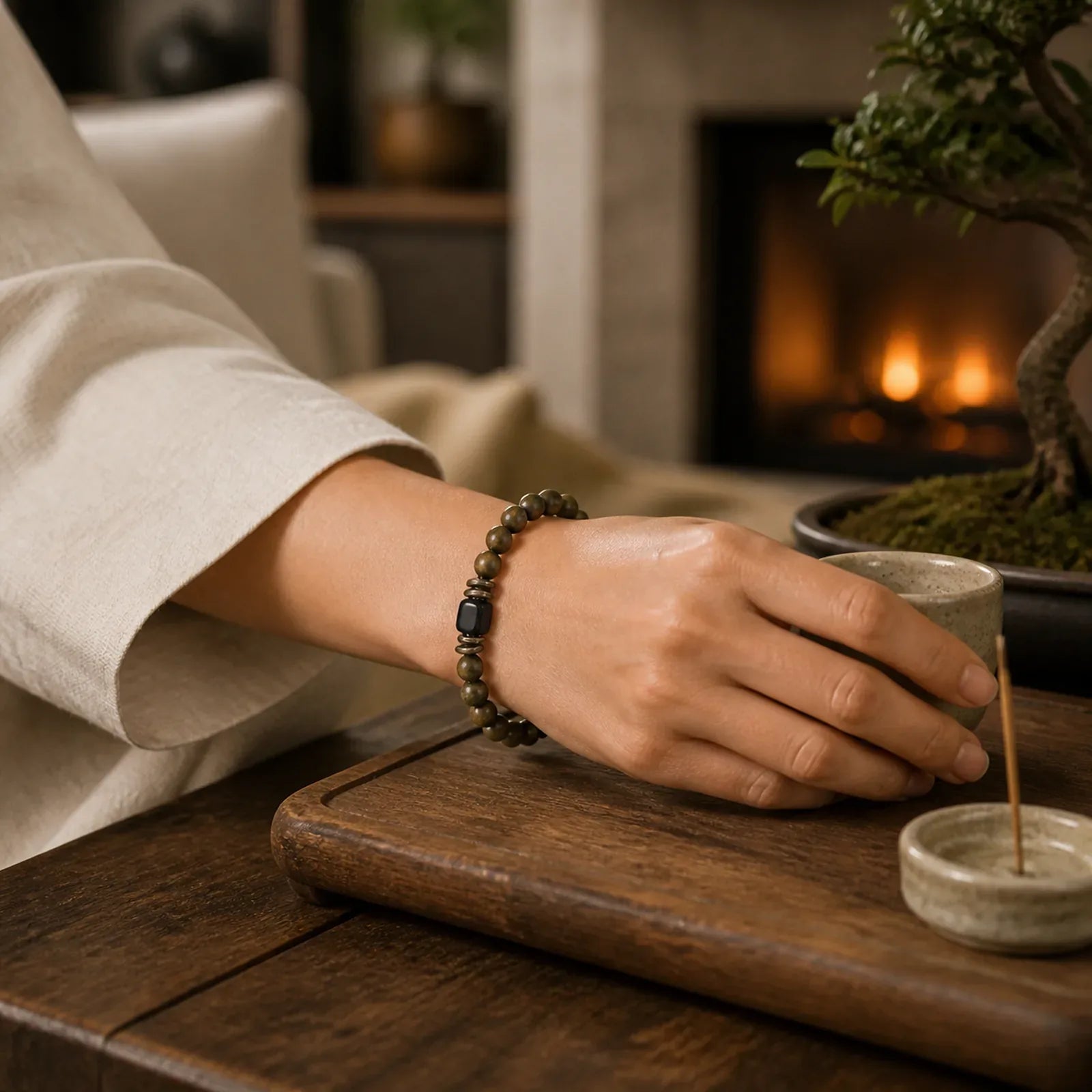 Tibetan Green Sandalwood Crystal Soothing Peace Bracelet featuring Green Sandalwood, Sandalwood, Black Obsidian