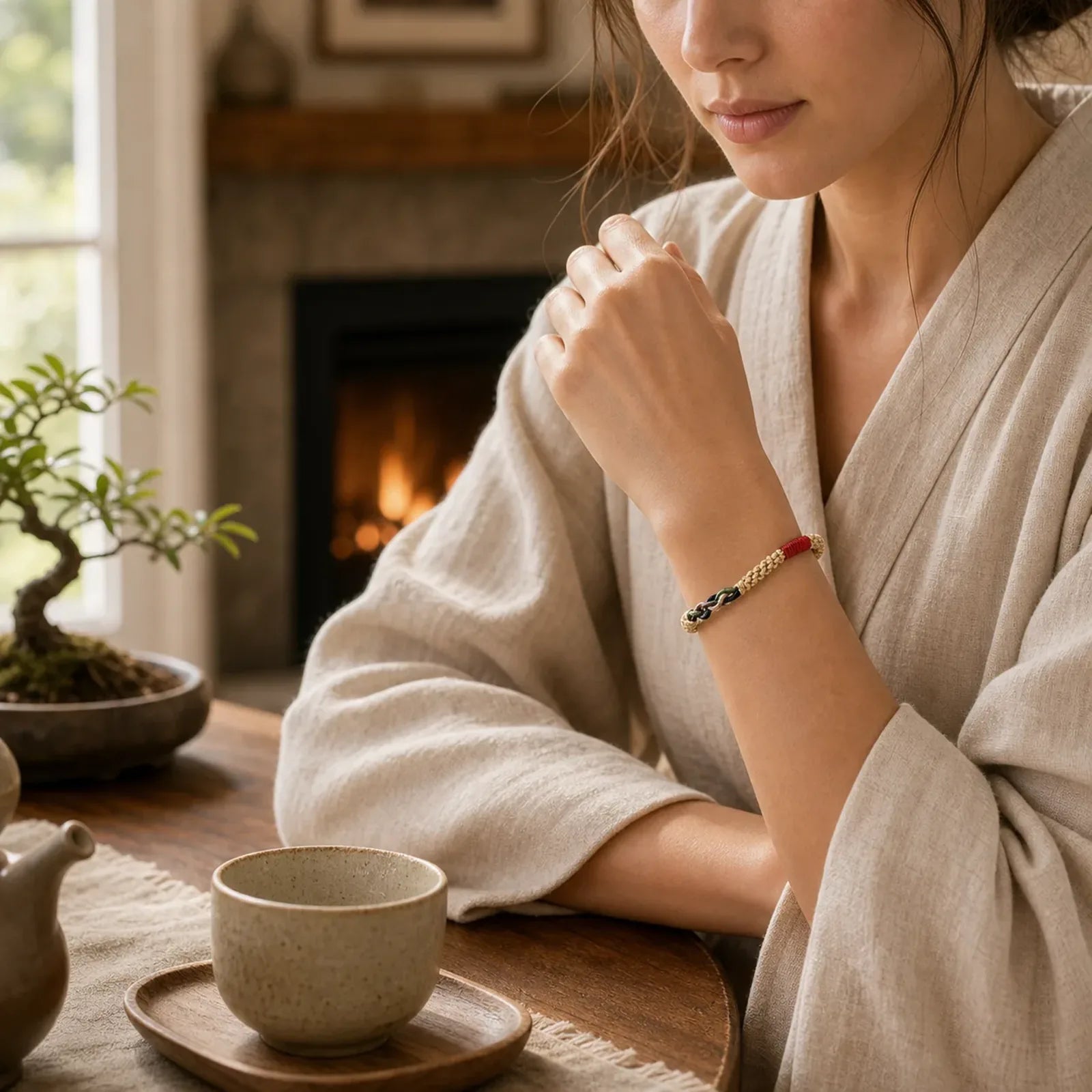 Tibetan Hand-rubbed Cotton Rope Luck Bracelet featuring Red String