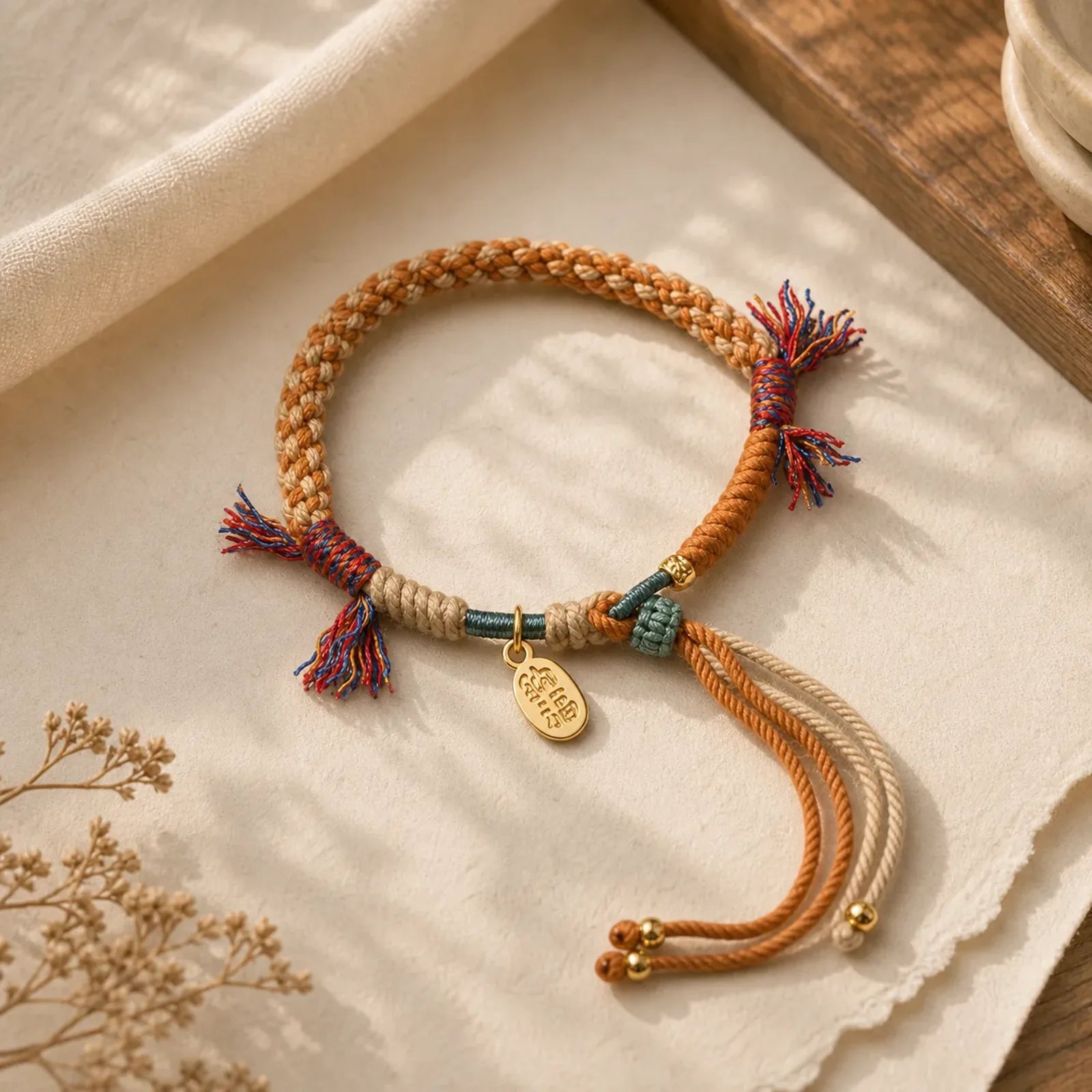 Tibetan Hand-woven Colored Rope Adjustable Tassels Nafu Luck Bracelet featuring Fu Character