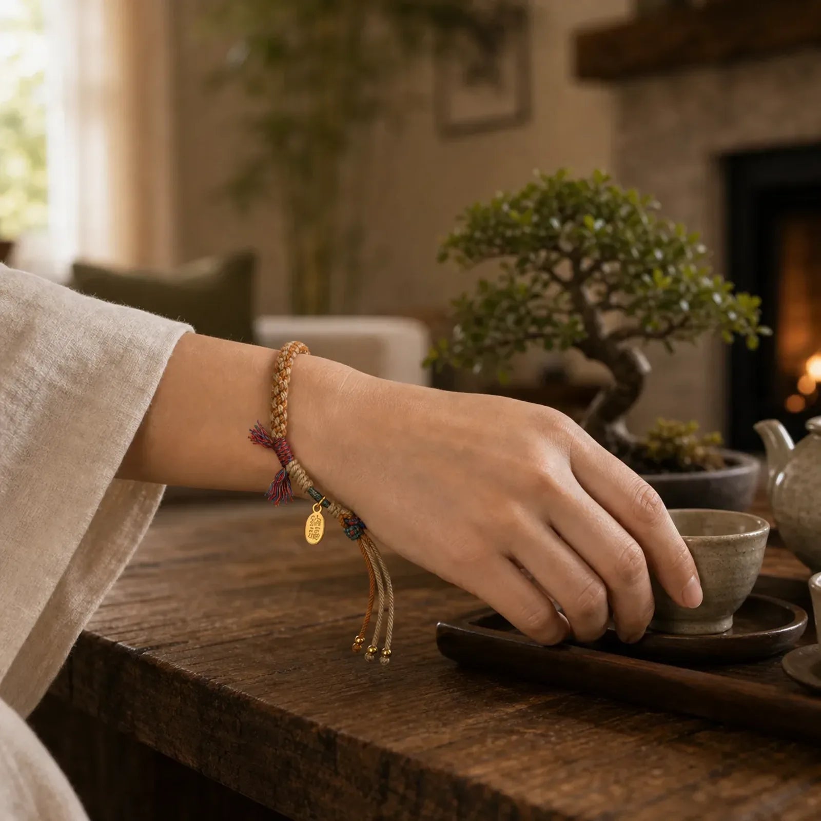 Tibetan Hand-woven Colored Rope Adjustable Tassels Nafu Luck Bracelet featuring Fu Character