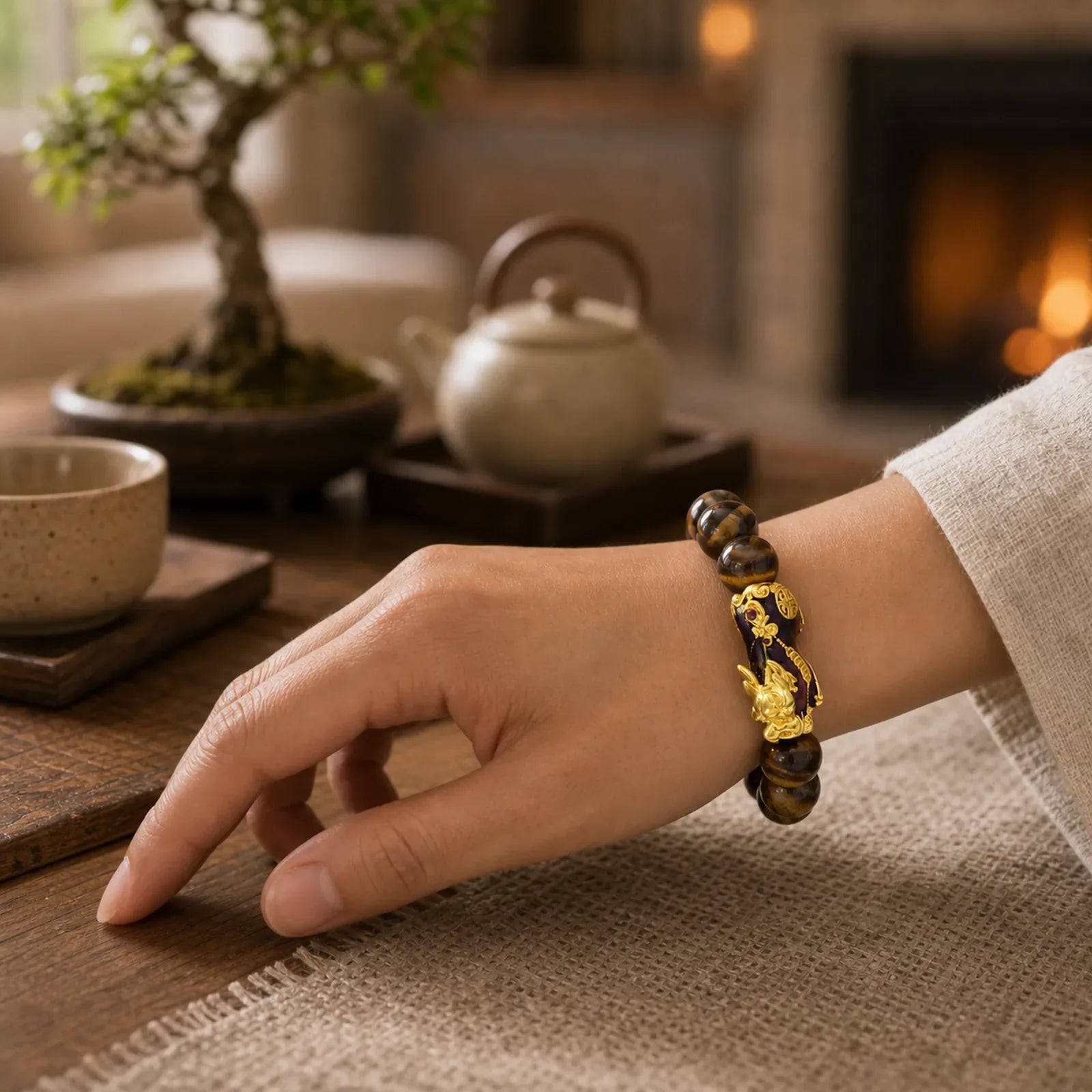 Tibetan Handcrafted Tiger Eye Feng Shui Bracelet featuring Tiger Eye, Pixiu