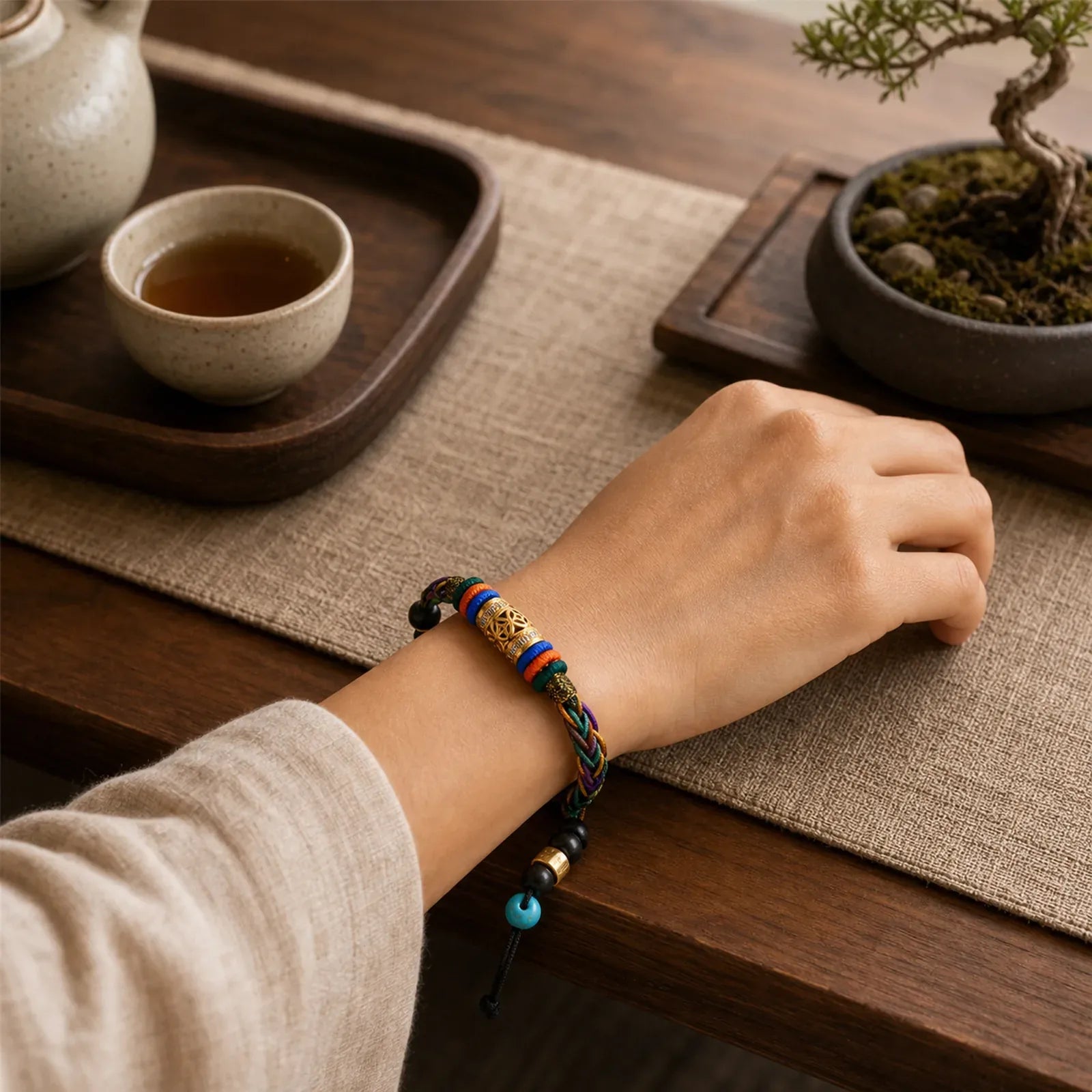 Tibetan Handmade Eight Thread Knot Copper Coin Luck Weave String Bracelet featuring Copper, Red String