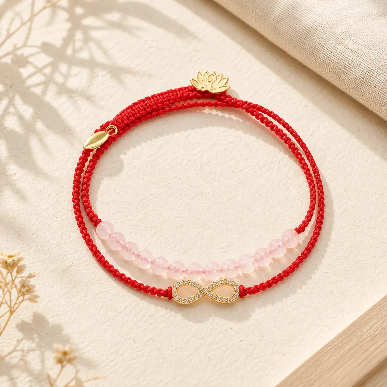 Tibetan Handmade Lotus Pink Crystal Soothing Red String Bracelet (Extra 30% Off | USE CODE: FS30) featuring Lotus, Pink Crystal, Red String