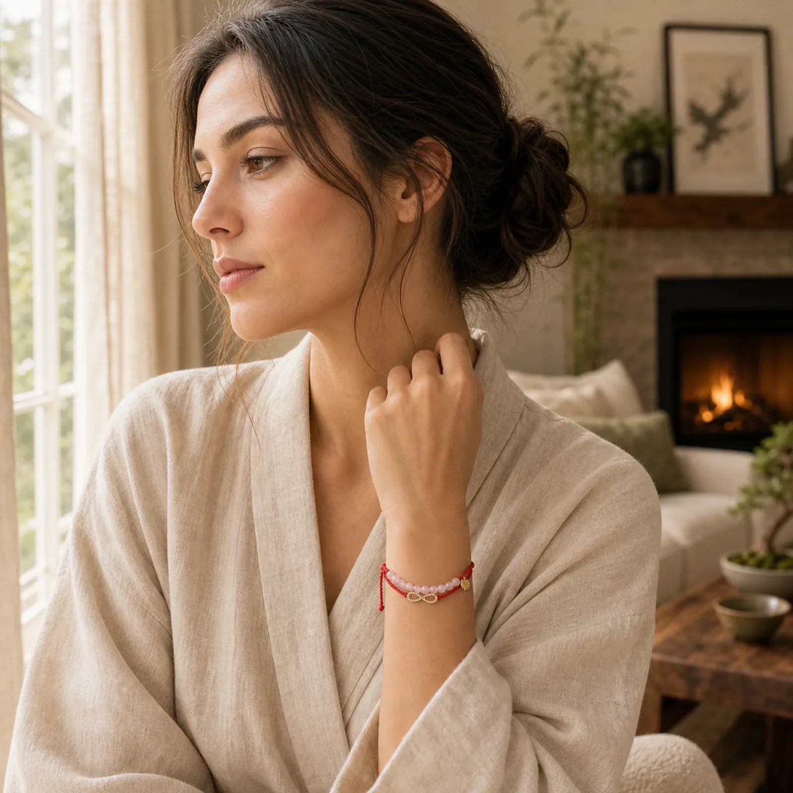 Tibetan Handmade Lotus Pink Crystal Soothing Red String Bracelet (Extra 30% Off | USE CODE: FS30) featuring Lotus, Pink Crystal, Red String