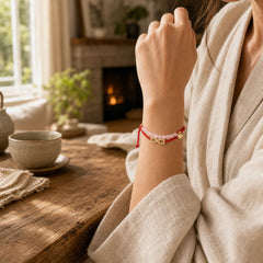 Tibetan Handmade Lotus Pink Crystal Soothing Red String Bracelet (Extra 30% Off | USE CODE: FS30) featuring Lotus, Pink Crystal, Red String