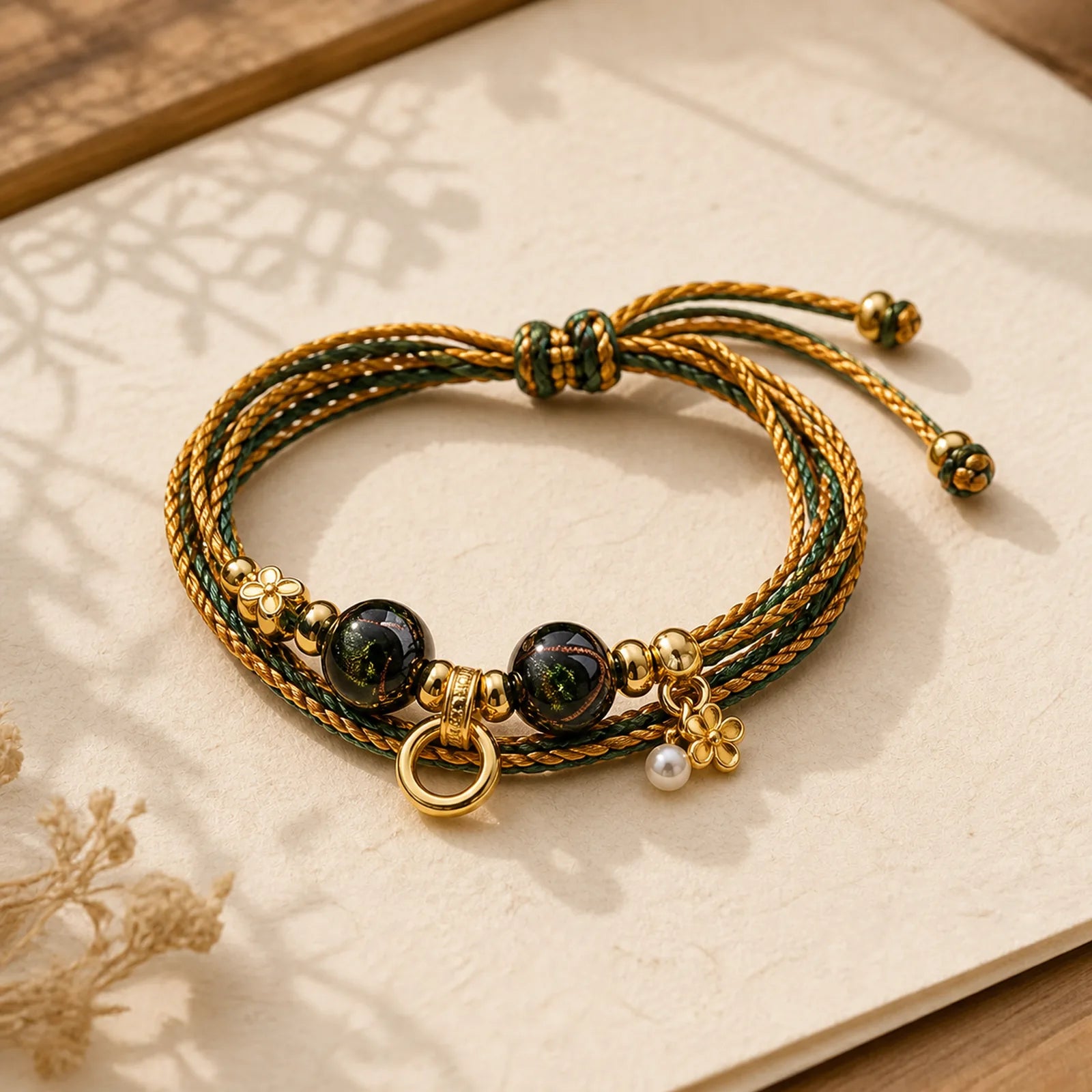 Tibetan Handmade Rope Liuli Glass Bead Braided Multilayered Healing Bracelet featuring Five Elements