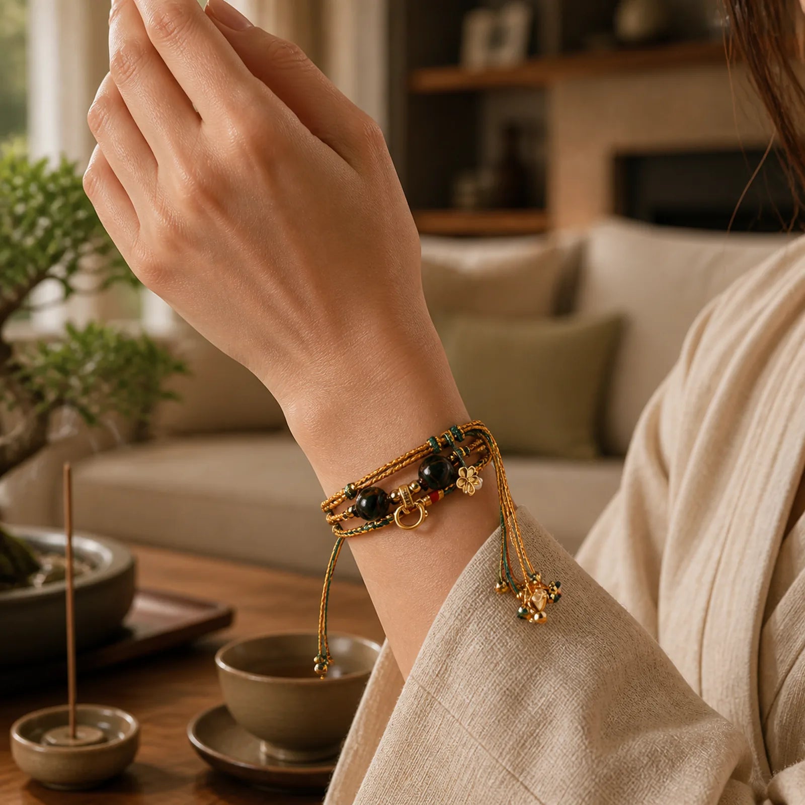 Tibetan Handmade Rope Liuli Glass Bead Braided Multilayered Healing Bracelet featuring Five Elements