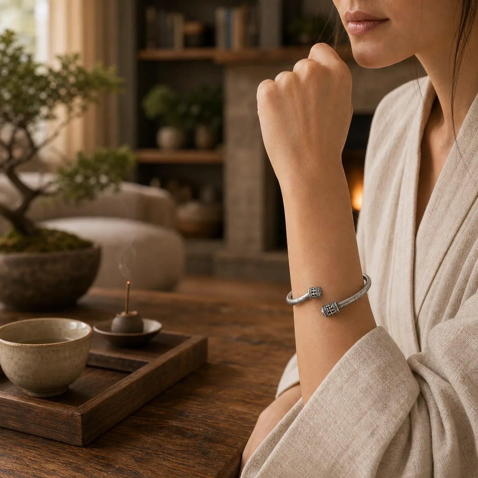Tibetan Heart Sutra White Copper Luck Bracelet featuring Copper