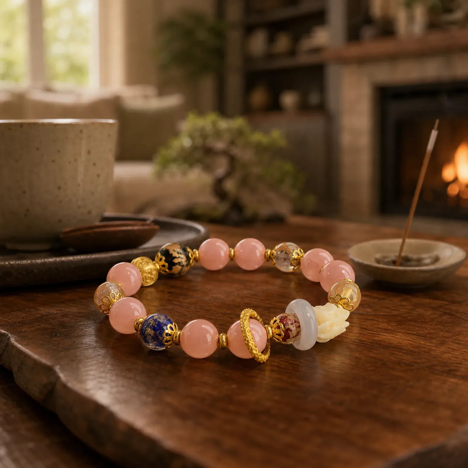 Tibetan Incense Ash Liuli Glass Bead Luck Protection Nine Tailed Fox Bracelet featuring Nine-Tailed Fox, Five Elements